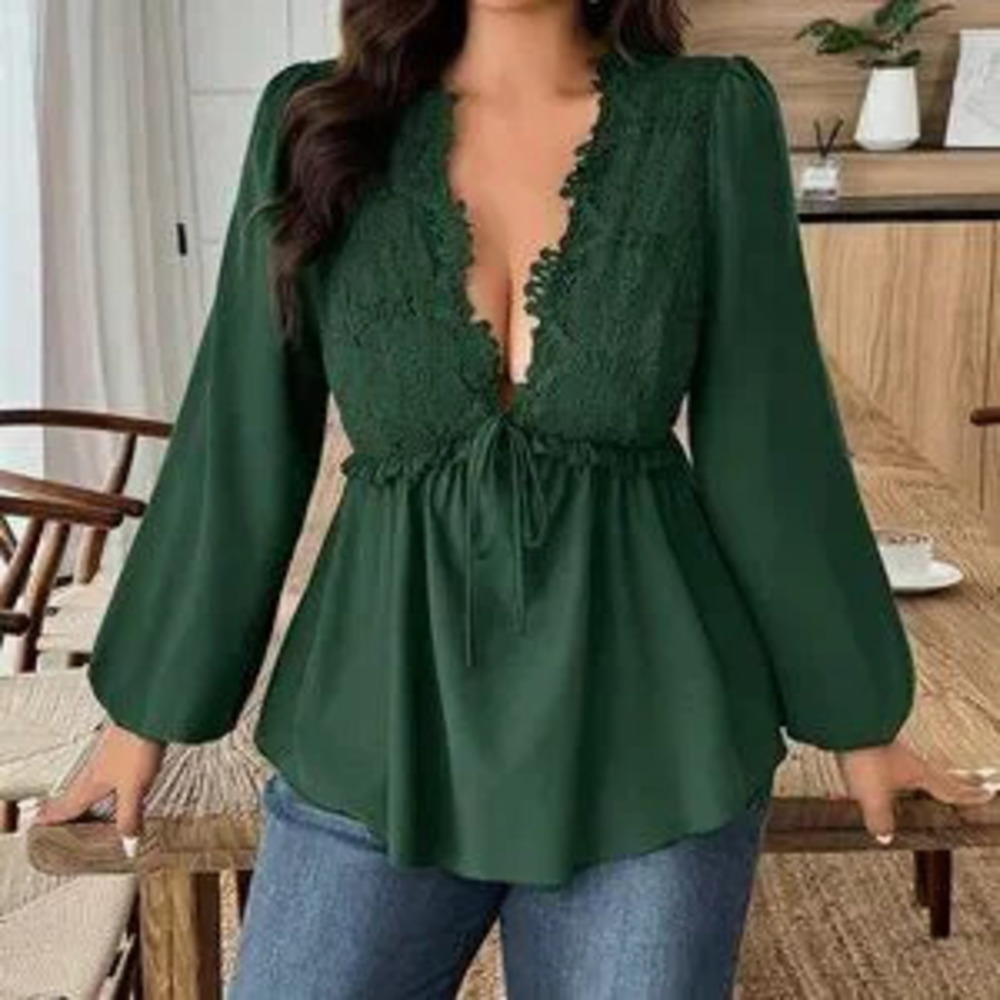 Dark Green Sexy Women's Casual Tie-Front Long Sleeve Blouse